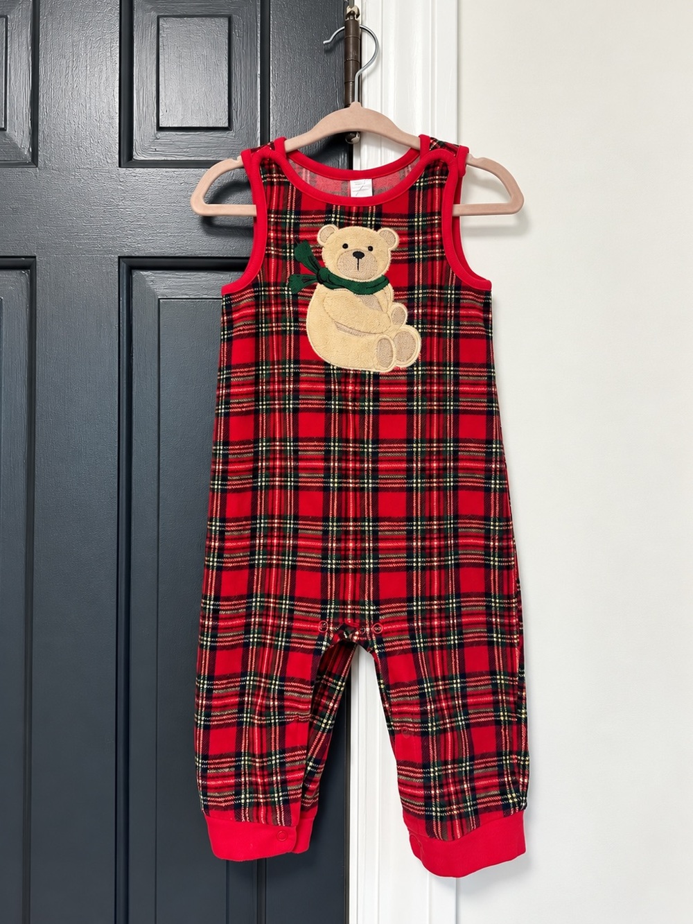 Baby Red Plaid Teddy Bear Christmas Holiday Romper 6-9 Months Vintage Inspired